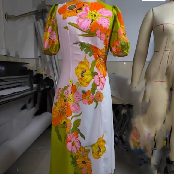 Floral Short Sleeve Tropical Silas  Puff Sleeve Crew Neck Midi Dress L - Picture 3 of 13